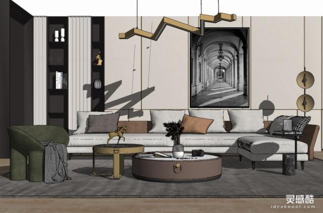 现代客厅 沙发茶几组合 单人沙发 吊灯 挂画丨