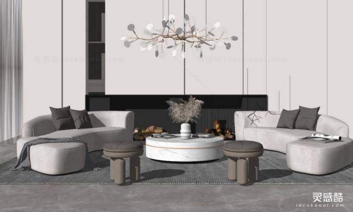 现代客厅 吊灯 沙发茶几组合丨