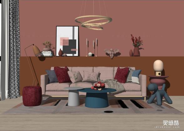 现代客厅 沙发茶几组合 吊灯丨