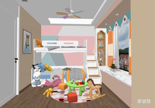 儿童房 现代家居卧室 上下床 风扇丨