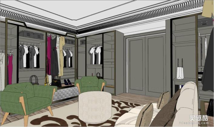 欧式美式衣帽间 服装衣服 衣柜丨