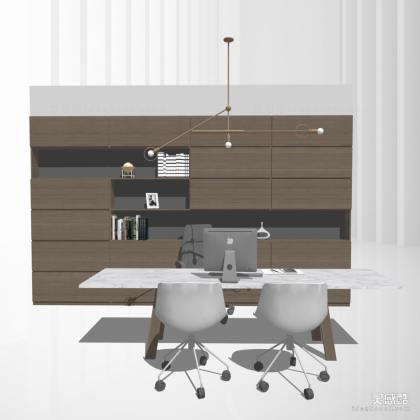 办公室办公桌椅组合 办公椅 吊灯 书架丨