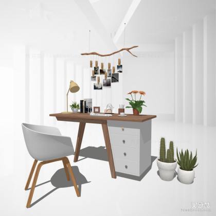 书桌座椅组合 盆栽 照片墙丨