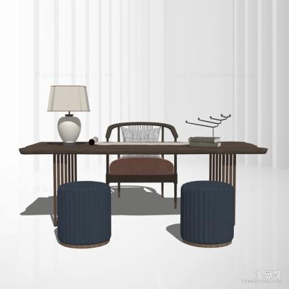 新中式书桌座椅组合 台灯丨