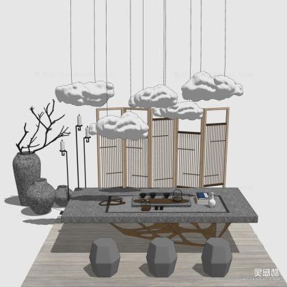 禅意中式泡茶桌 云朵吊灯 屏风丨