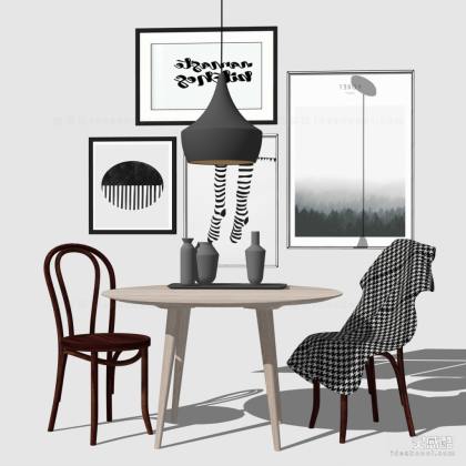 北欧餐桌椅组合 挂画 吊灯丨