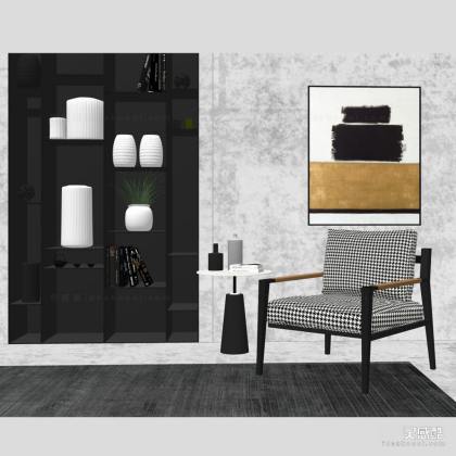 北欧单椅 千鸟纹休闲椅边几组合 挂画 书柜丨