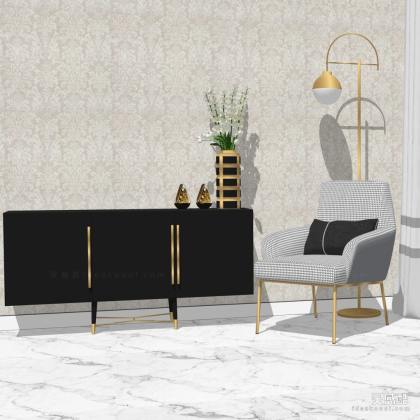 现代休闲椅边柜子组合 花瓶 落地灯丨