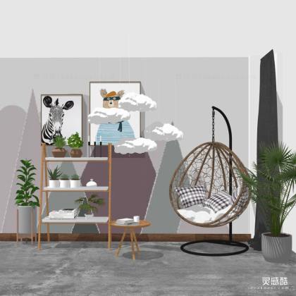 北欧户外休闲吊椅 挂画 盆栽绿植组合丨