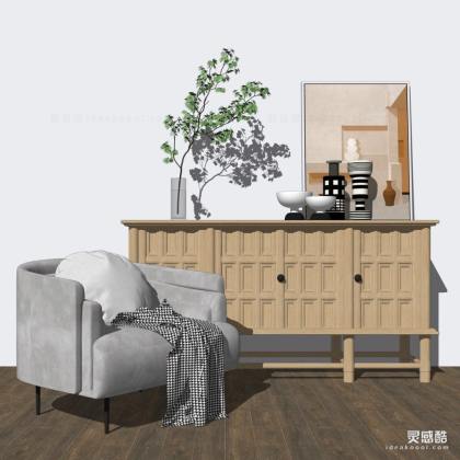 北欧休闲单人沙发边柜组合 挂画丨