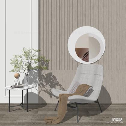 现代布艺休闲椅 茶几 绿植 挂画丨