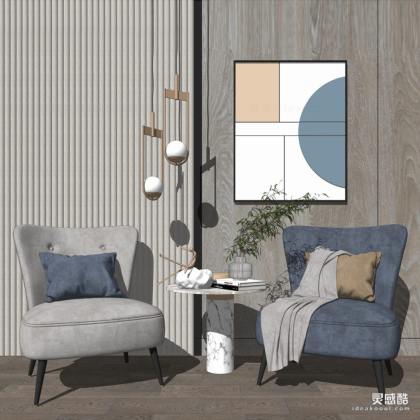 现代布艺休闲椅沙发茶几组合 挂画丨