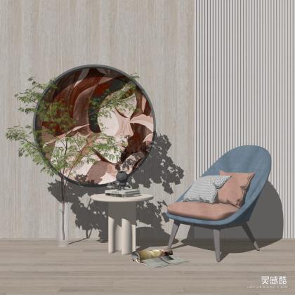现代风格休闲椅 边几 绿植 挂画丨