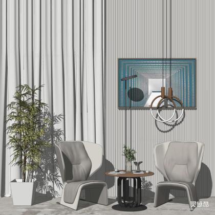 现代休闲椅边几组合 挂画丨
