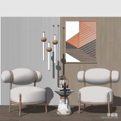 现代休闲椅 单人沙发 边几组合 挂画丨