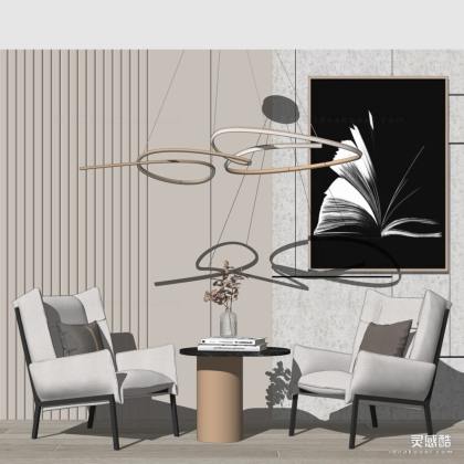 现代休闲椅 单人沙发 吊灯 边几 挂画丨