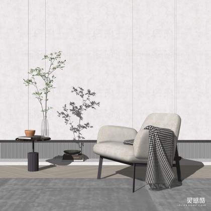 现代休闲椅 单人沙发 边几 花瓶丨