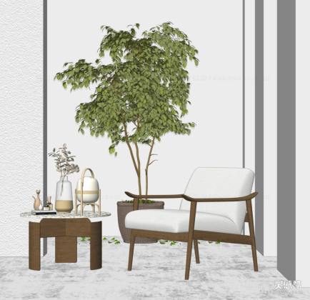 现代休闲椅 边几 盆栽 花瓶丨
