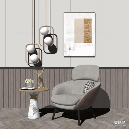 现代休闲椅 边几 挂画 吊灯丨