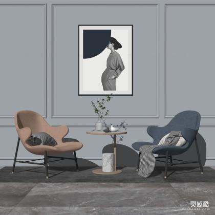 现代休闲椅 边几 挂画丨