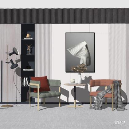 现代休闲椅边几组合 挂画 落地灯丨