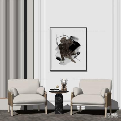 现代休闲椅边几组合 单人沙发 挂画丨