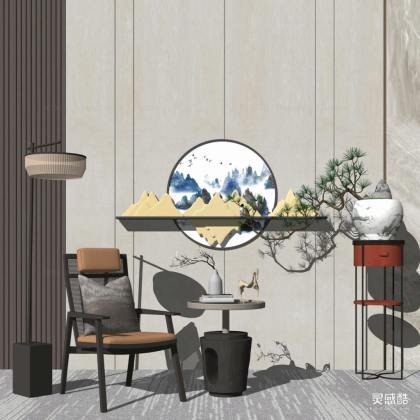 新中式椅子 边几 落地灯 盆景丨