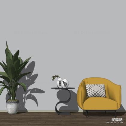 北欧皮革单人沙发 茶几 盆栽丨
