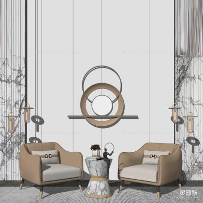 现代单人沙发 边几 墙饰丨