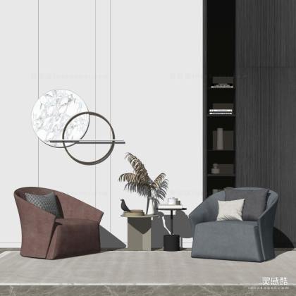 现代单人沙发边几 墙饰丨