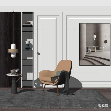 现代休闲椅单椅 单人沙发边几组合 挂画丨