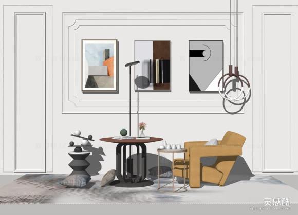 现代休闲椅边几组合 单人沙发 挂画丨