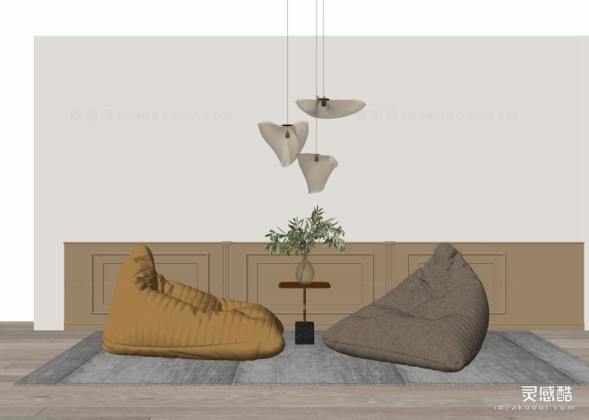 现代休闲椅边几组合 懒人沙发 吊灯丨