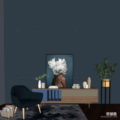 电视柜 单人沙发 挂画 盆栽丨