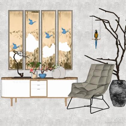 中式玄关柜子 电视柜 挂画丨