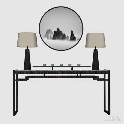 中式端景台 台灯 挂画丨