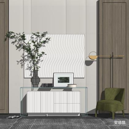 现代边柜单椅组合 绿植 单人沙发丨