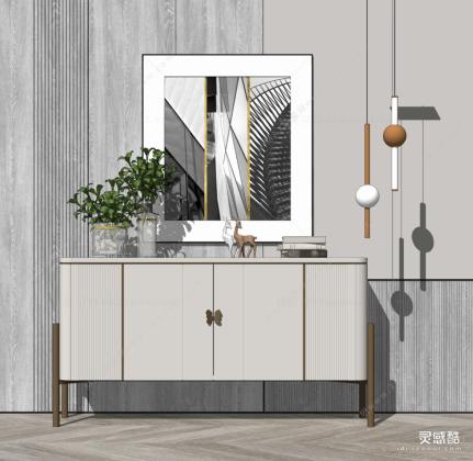现代边柜 挂画 绿植丨