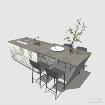 现代厨房橱柜 洗菜台 操作台 餐桌椅组合丨