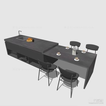 现代厨房橱柜中岛台 餐桌椅组合丨