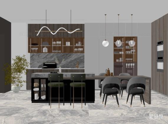 现代厨房橱柜 中岛台 餐桌椅组合丨
