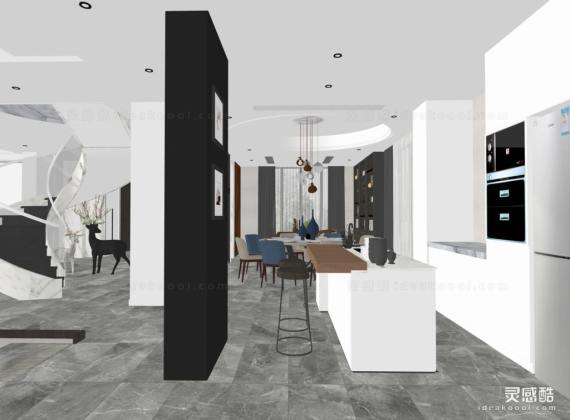 现代开放式厨房 中岛台 餐厅丨