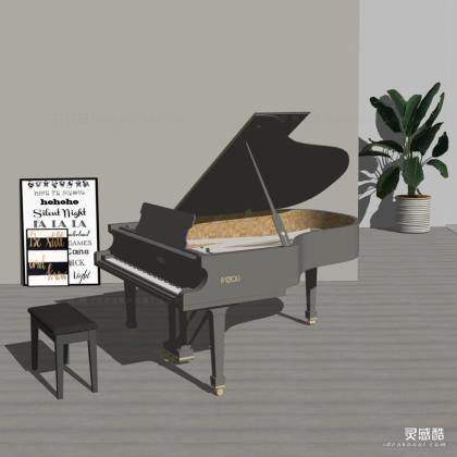 现代三角钢琴 盆栽 挂画丨