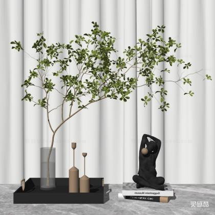 现代植物花瓶绿植摆件 人物雕塑摆件丨