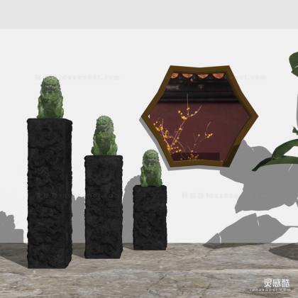 新中式玉石拴马桩石狮子雕塑丨