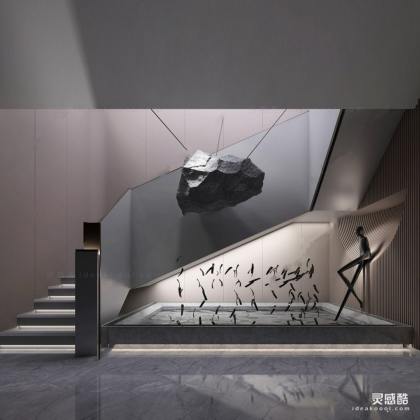 现代楼梯间水景雕塑丨