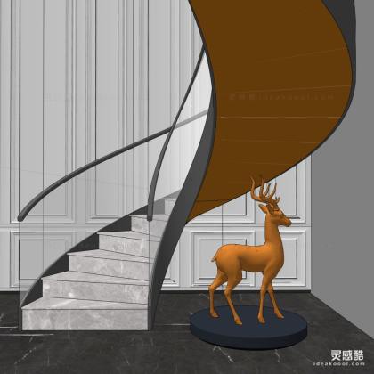 现代玻璃旋转楼梯 金属鹿麋鹿雕塑丨