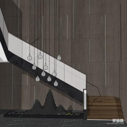 现代风格木艺楼梯 玻璃扶手楼梯 假山雕塑丨