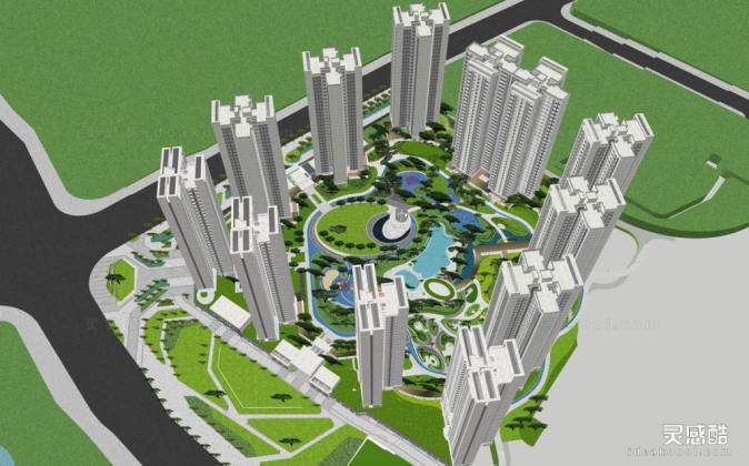 曲线风大区景观 高层住宅建筑丨