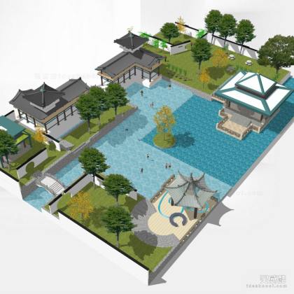 中式亭廊嬉水公园丨